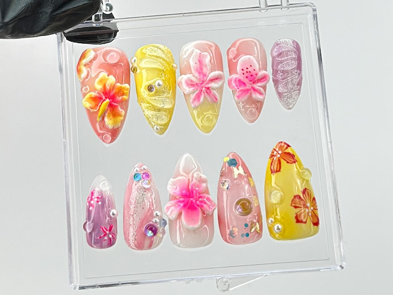 3D Tropical Flower Press On Nails | Vibrant 3D Flower Nail Art | 3D FairyCore Flower Press Ons | acrylic nails | Dreamy nails | HC597TL