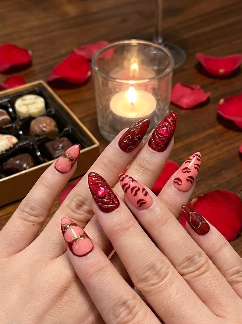 Ruby Kiss Valentine Press On Nails | 3D Heart Valentine Long Nails | Red Pink Ribbon Nail Art | Luxury Love Statement Set | JB273EC