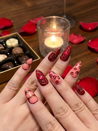 Ruby Kiss Valentine Press On Nails | 3D Heart Valentine Long Nails | Red Pink Ribbon Nail Art | Luxury Love Statement Set | JB273EC