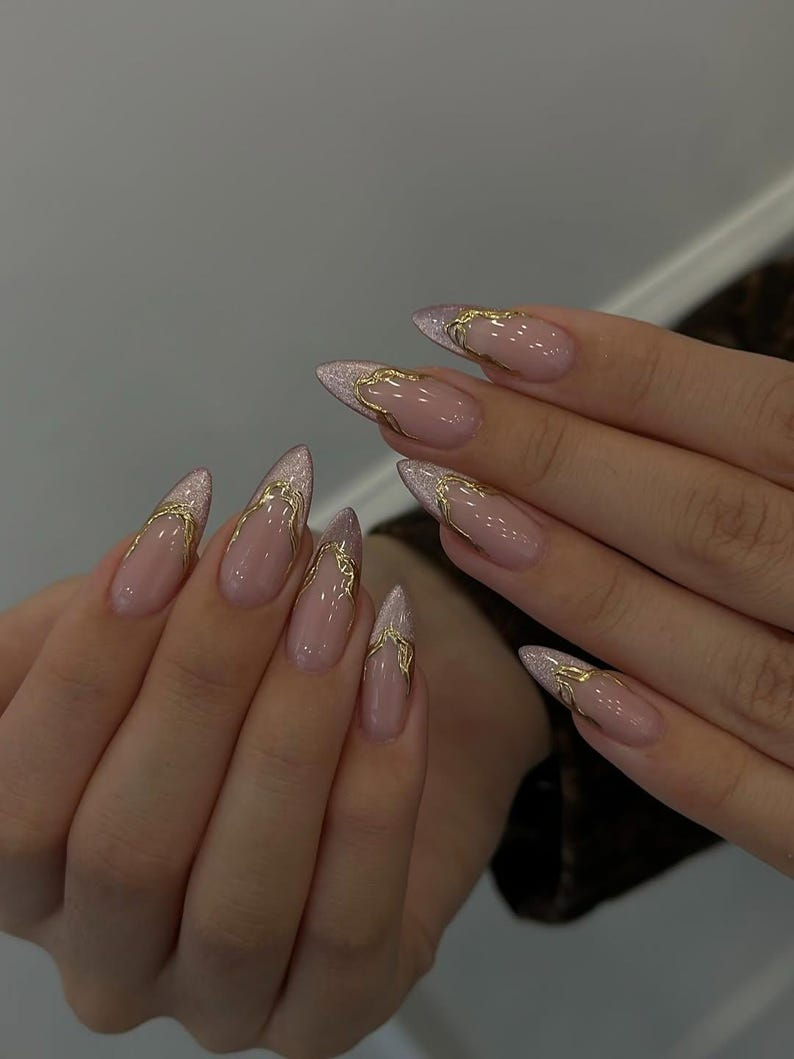 Rose Gold French Press On Nails | Nude Pink Luxury Nails | Gold Chain French Tips | Elegant Minimal Nail Art | Chic Press Ons| JC261HC
