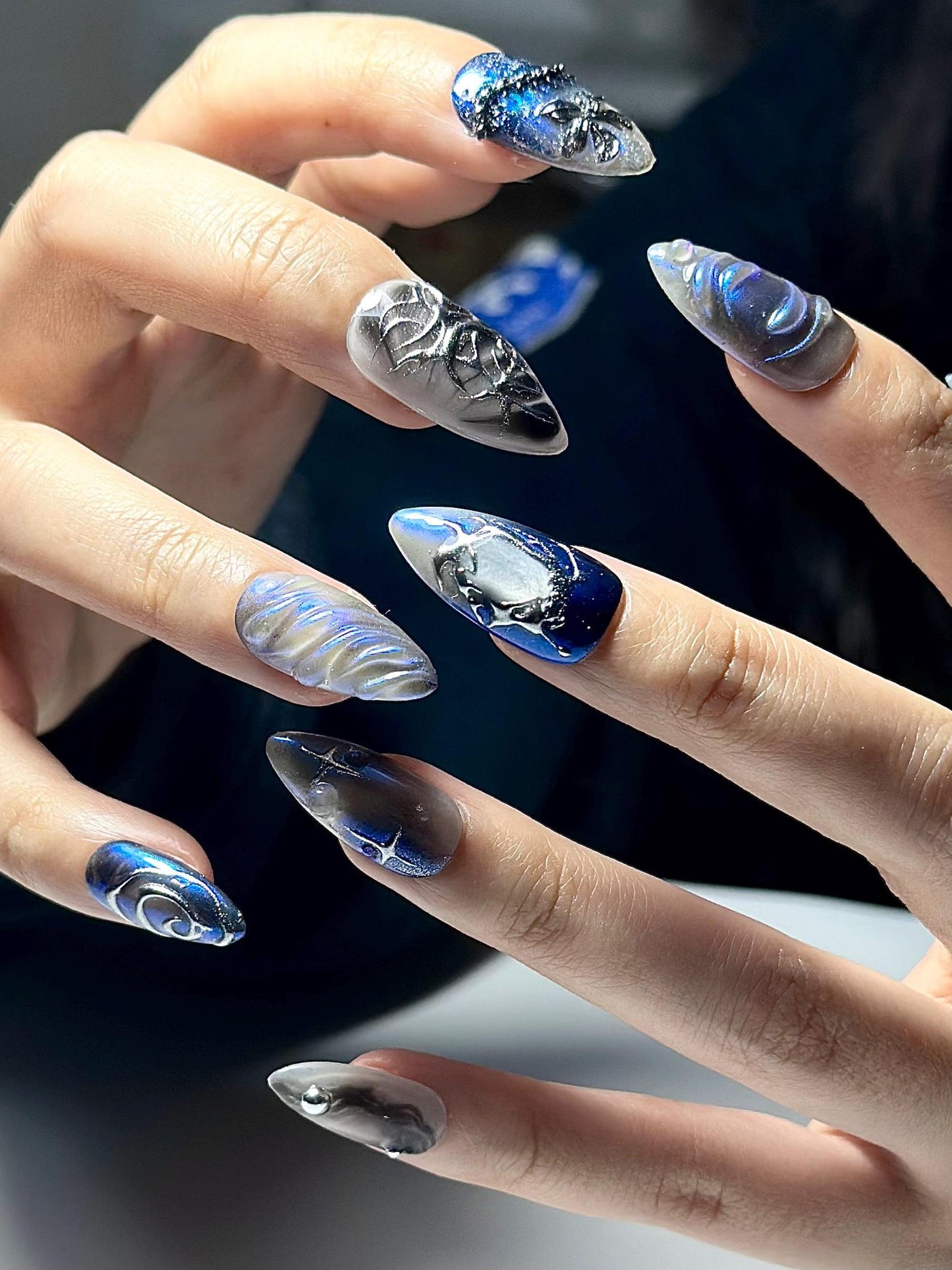 Galaxy Gothic Press On Nails | Dark Blue Chrome Cat Eye Nails | Celestial Star Night Nail Art | Handmade Cosmic Gel Nails | JB328IC