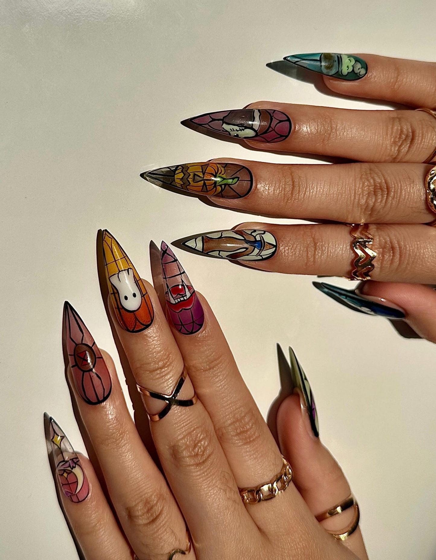 Stained Glass Halloween Press On Nails | Ghost Pumpkin Bat Nail Art | Colorful Spooky Nail Design | Handpainted Halloween Nails | JB111H
