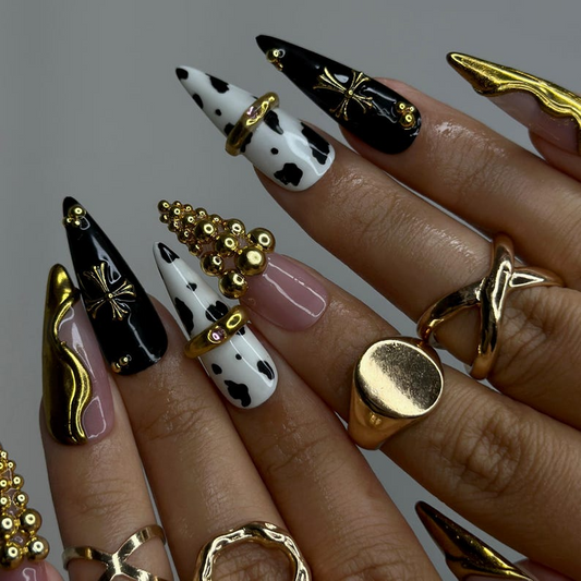 Gothic Cow Glam Press On Nails | Black & White Cow Print Stiletto Nails | Gold 3D Metal Accents | Spider Charm Nail Art | HB1058YK
