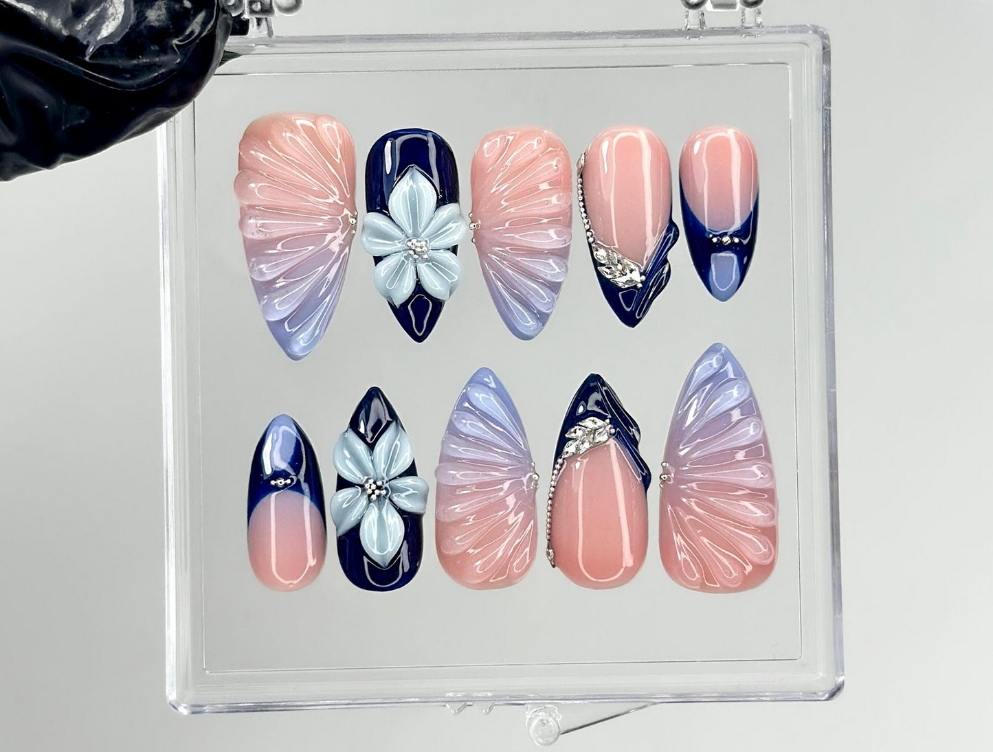Midnight Blossom Spring Press On Nails | Navy Floral Ombré Nail Art | Luxury Floral Blue Nails Set | Elegant Blush Ombre Nails | HC1240EC