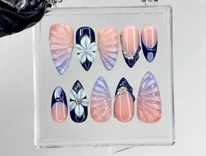 Midnight Blossom Spring Press On Nails | Navy Floral Ombré Nail Art | Luxury Floral Blue Nails Set | Elegant Blush Ombre Nails | HC1240EC