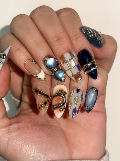 Luxury Blue Silver Press On Nails | Nude Gilded Ring Nail Art | Nude & Steel Statement Nails | High Fashion Almond Nails | JB1023EC