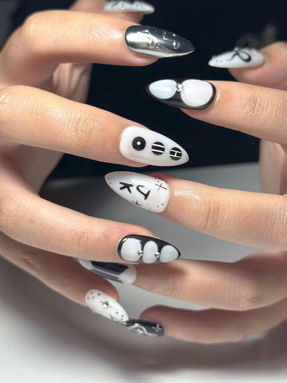 JungKook Inspired Black & White Nails | Kpop JK Solo Era Press Ons | Y2K Star and Bow Nails | Musical Note Gothic Press Ons | OC364IK