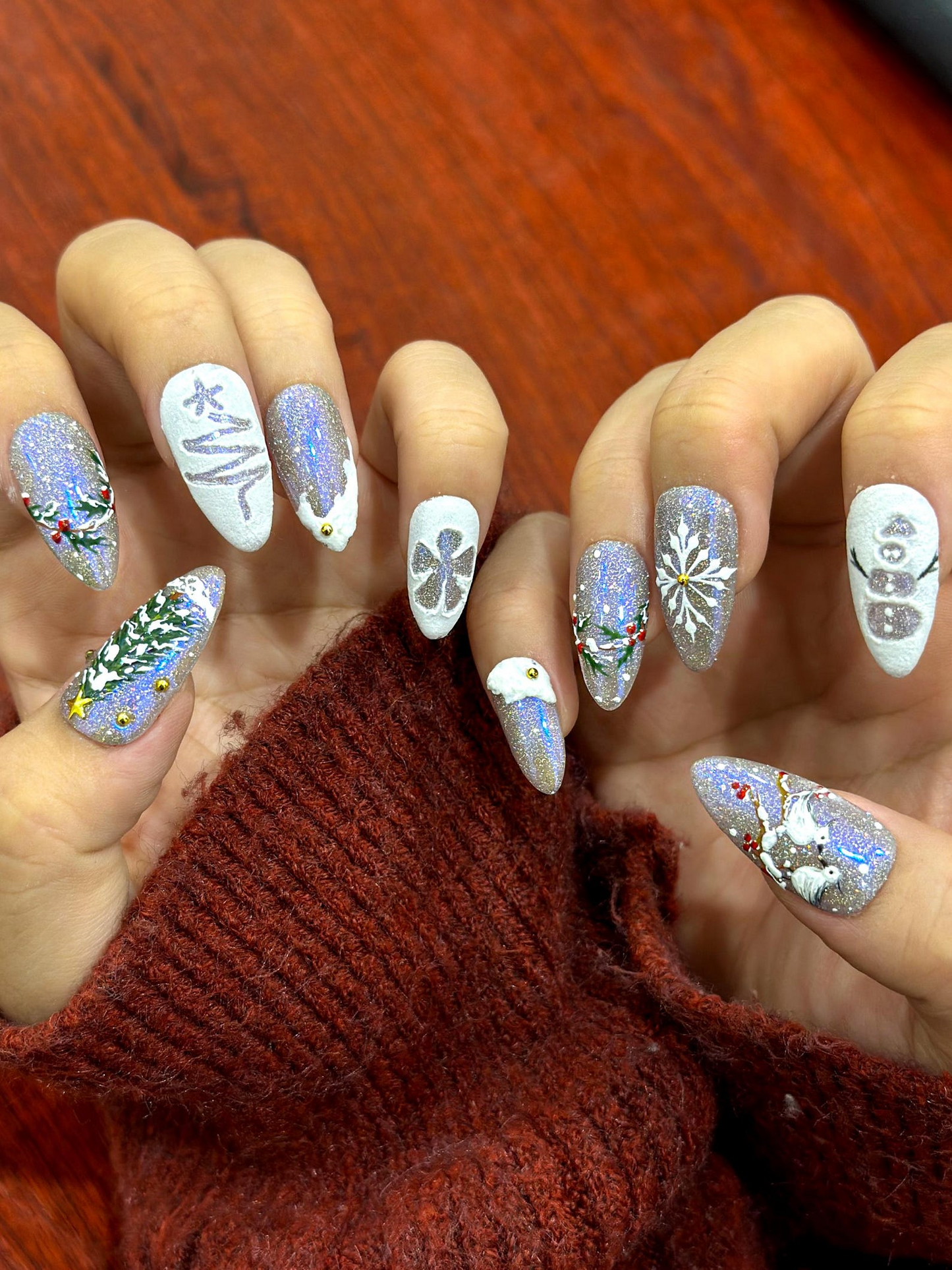 Silver Frost Christmas Press On Nails | 3D Snowman & Christmas Tree Nail Art | Frosted Birds and Winter Scene | HB1209EC