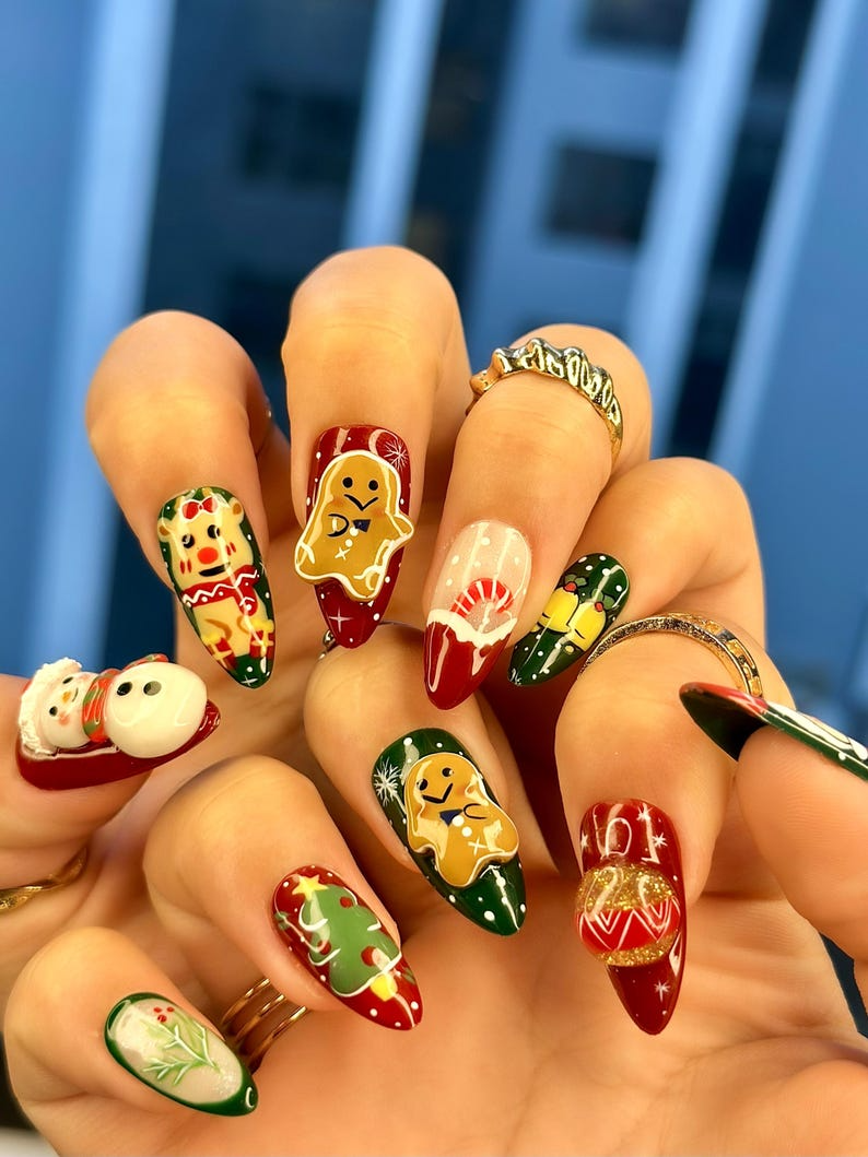 Press On Nails For Christmas | Santa & Friends Christmas Nails | Festive Holiday Press Ons | Cute Xmas Nails | Winter Nails |JB212EK