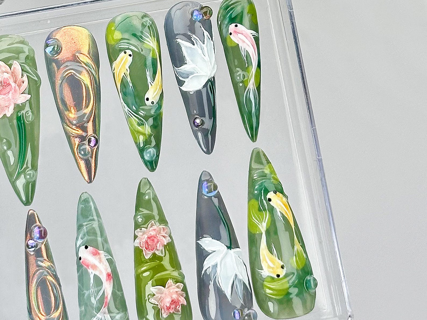 Koi Fish Nail Art by DoryNails | Japanese Pond Acrylic Nails | Water Garden Nail Art | Zen Inspired Fake Nails | Nature Aesthetic | HB808YK