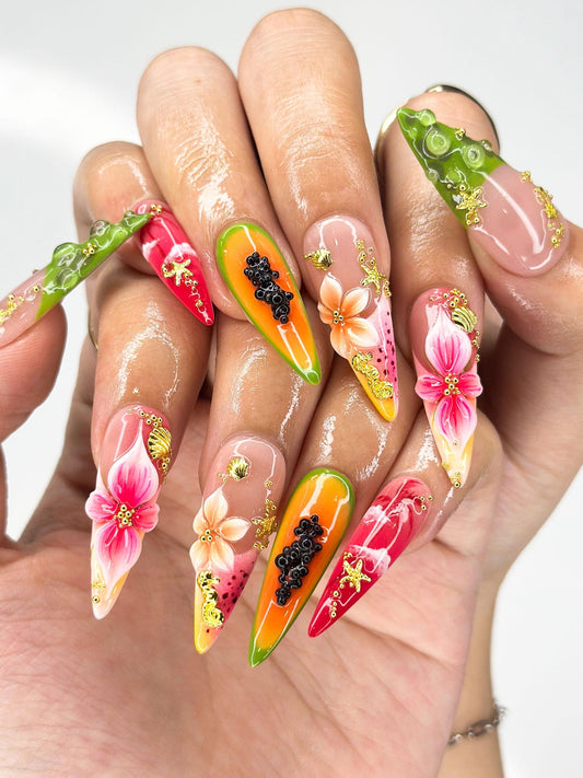 3D Tropical Papaya & Ocean Nails | Summer Starfish Seahorse Press Ons | Juicy Fruit Botanical Luxury Stiletto Art | JB368IC