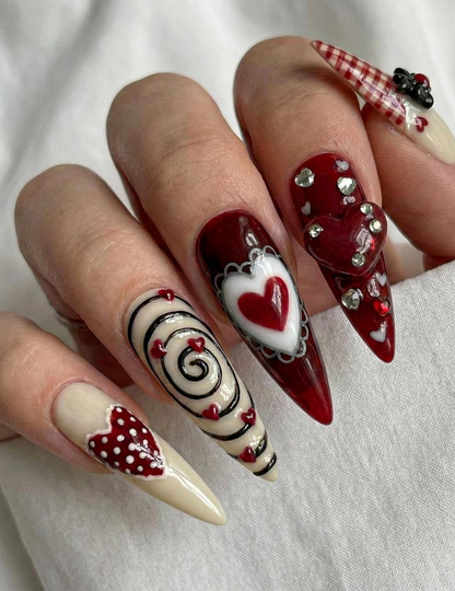 Nail Tabs for Press On Nails – Cherry Heart Teddy Gingham Nude Red Valentine Nails