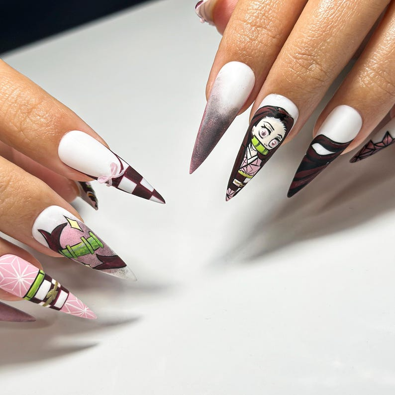 Nezuko Demon Slayer Press On Nails | Anime Cosplay Nail Art | Handmade Japanese Fake Nails |Kimetsu No Yaiba Press Ons |Kawaii Nails|DB705YC