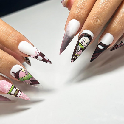 Nezuko Demon Slayer Press On Nails | Anime Cosplay Nail Art | Handmade Japanese Fake Nails |Kimetsu No Yaiba Press Ons |Kawaii Nails|DB705YC