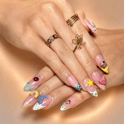 Cute 3D Ladybug Summer Press On Nails Almond • Tropical Pool Party Vibe • Rainbow Star Heart Charm • Colorful French Tip • OB1366DG