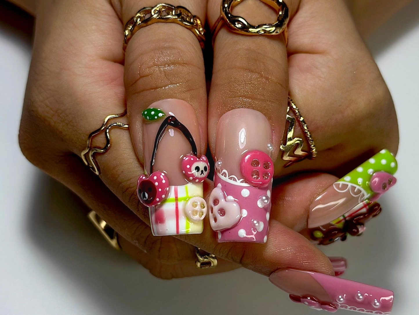 Kawaii Bear Candy Press On Nails | 3D Cute Apple Cherry Nail Art | Pastel Pink Green Y2K Vibes | Cartoon Dessert-Inspired Nails | JB986EC