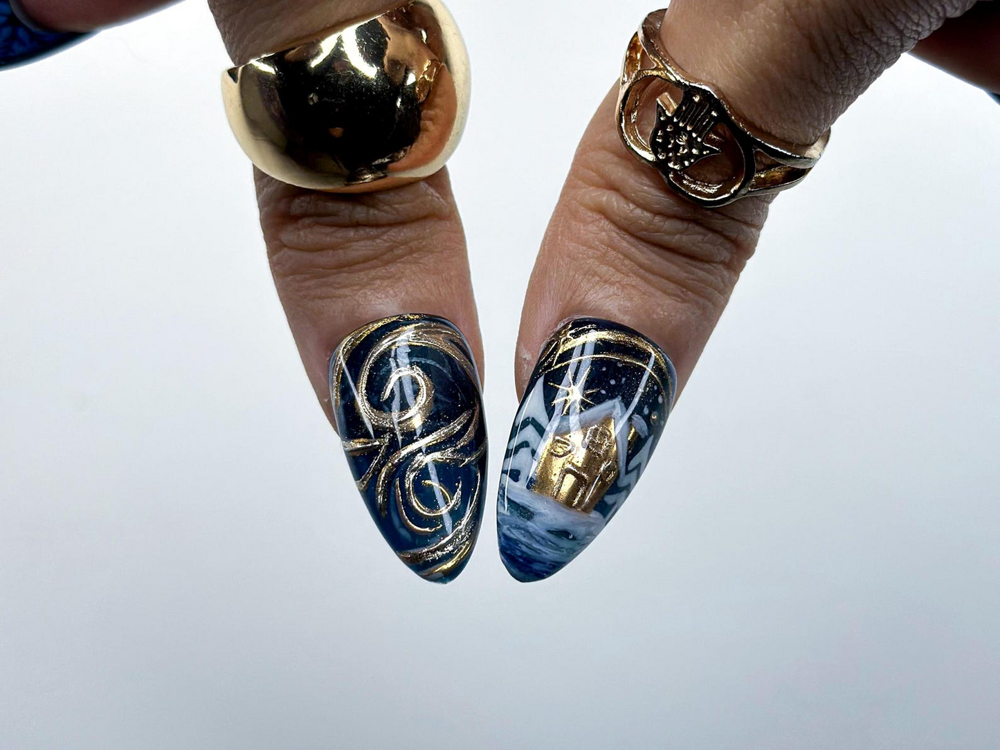 Midnight Christmas Press On Nails | Black & Gold Christmas Nail | Hand-Painted Design | Holiday Nail Set | Luxury Winter Press Ons | JB215HC