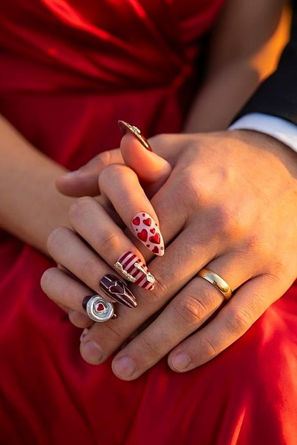 Valentine Heart Press On Nails | Roxy Nails Press On | Romantic Burgundy Red and Silver 3D Nail Art  | Handmade Love Themed Fake Nails for Women & Gift HB996GK