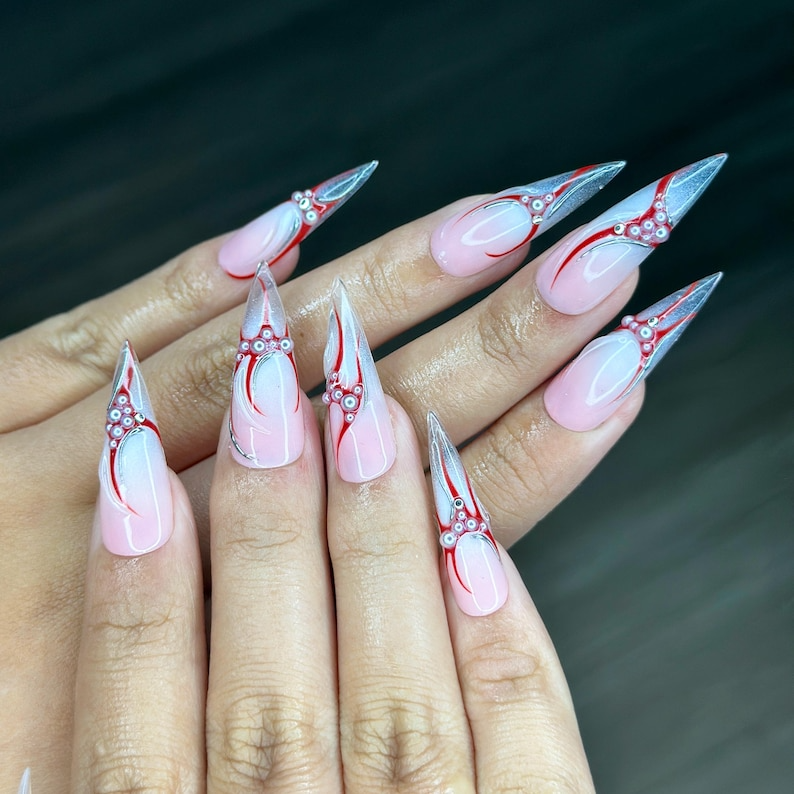 Red Silver Flame Press On Nails | Elegant Long Nail Art | Luxury Red Silver Fake Nails | Silver Flame Press Ons | Long Nails | HC148YK