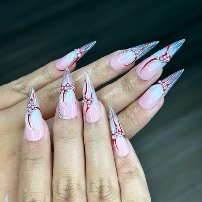 Red Silver Flame Press On Nails | Elegant Long Nail Art | Luxury Red Silver Fake Nails | Silver Flame Press Ons | Long Nails | HC148YK
