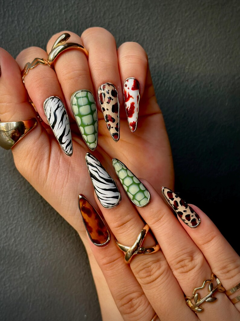 Luxe Leopard Press On Nails | Zebra, Leopard & Croc Nail Art | Handmade Safari-Inspired Press Ons | Mixed Animal Print Nails | HB1085HC