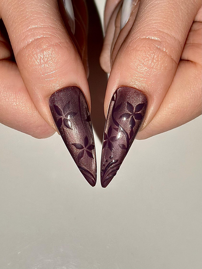 Dark Purple Cat Eye Press On Nails, Mystic Floral French Tip Nails, Ethereal Smoky Velvet Nails, Gothic Luxury Stiletto Fake Nails, HC1292HK