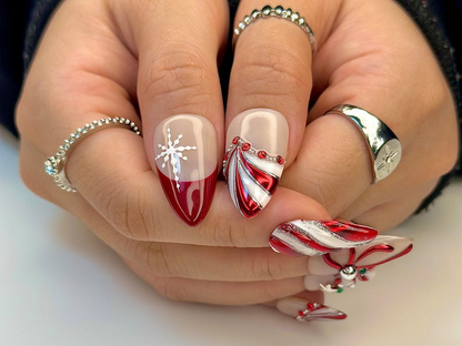 Christmas Candy Cane Press On Nails by DoryNails | Red Chrome Bow & Snowflake Nail Art | Holiday Party Nails | Gift for Her | HB1188BC