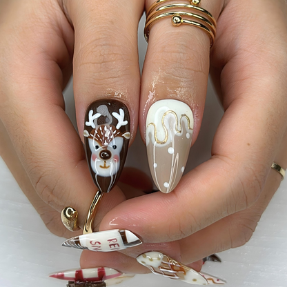Sweet Harmony Christmas Press On Nails | 3D Bow & Reindeer Design | Gingerbread Cookie Nail Art | Holiday Nail Set | HB1000YG