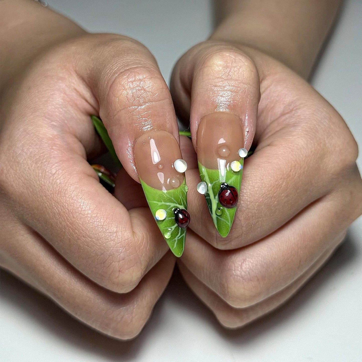Green Floral Press On Nails with Ladybug and Pearl | 3D Nature Nails in Long Almond | Handmade Spring Nails for Wedding, Vacation | JB330N