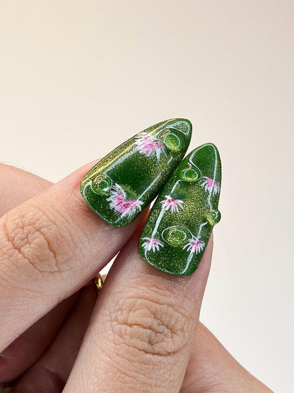 3D Koi Pond & Pink Lotus Press On Nails | Zen Garden Art | Luxury Moss Green Shimmer Stiletto Nails | Water Droplet Nail Art | OB387IC