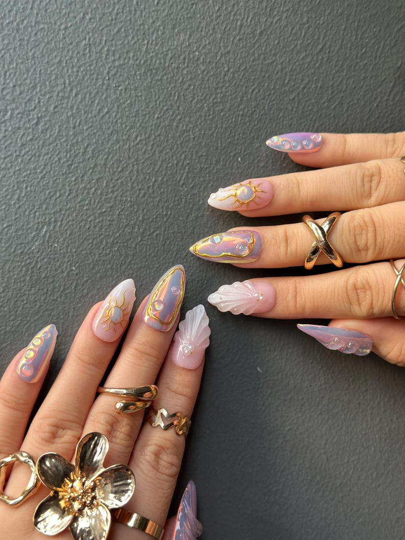 Iridescent Sunshine Press On Nails | Golden Sun Nail Art | Sunshine & Waves with Gold Accents | Handmade Unique Nail Set | HB1098HC