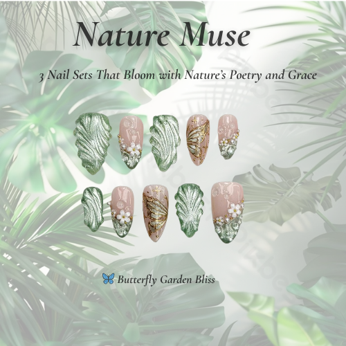 Nature Muse Nail Bundle | 3 Nature-Inspired Press On Nail Sets | Leaf, Butterfly & Floral Art | Reusable Nail Kit|DB103L