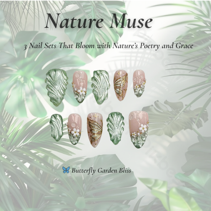 Nature Muse Nail Bundle | 3 Nature-Inspired Press On Nail Sets | Leaf, Butterfly & Floral Art | Reusable Nail Kit|DB103L