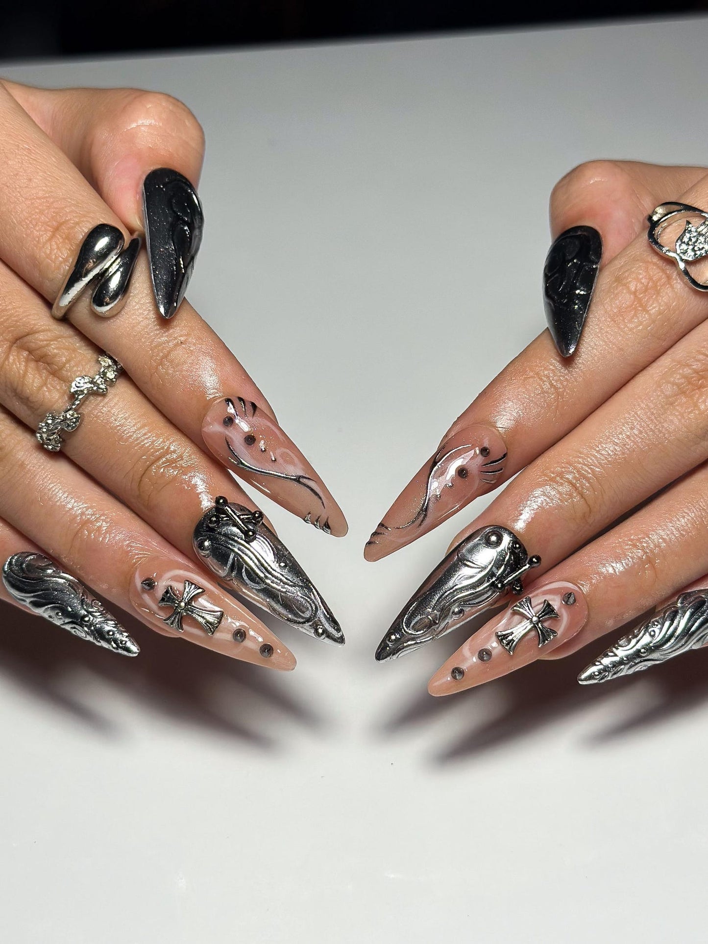 Gothic Chrome Stiletto Nails | 3D Liquid Metal Cross Press Ons | Cyberpunk Grunge Art | OB1330IB