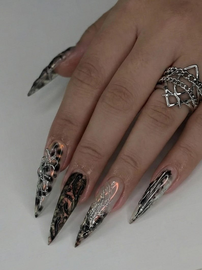 Press On Nails Adhesive Tabs – Black Silver Chrome Abstract Art Long Stiletto Handmade Fake Nails for Gothic Futuristic Look