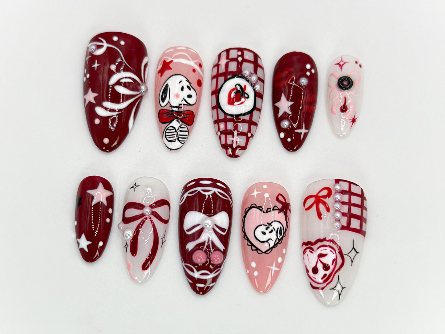 Snoopy-Inspired Red Press On Nails | Unique Hand-Painted Snoopy Design | Charming Stars and Bows Nail Set | Artistic Handmade Nail | JB566HK