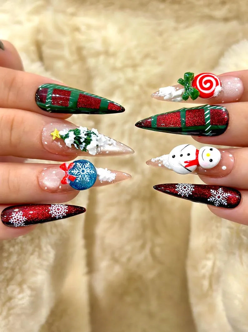 Winter Wonderland  Press On Nails For Christmas | Festive Holiday Nail Art | Red Glitter Snowflake Nails | Green Plaid Gift Wrap Design | JB232EC