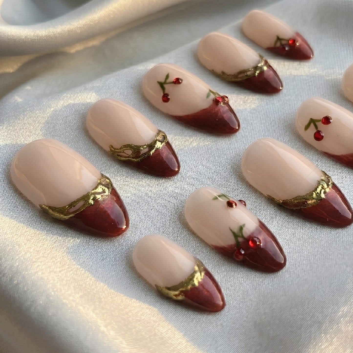 Vampy Cherry Press On Nails | Gold Swirl French Tip | Deep Red Y2K Summer | Bold Date Night Vacation | Custom Shape Handmade Set | OB1354DK