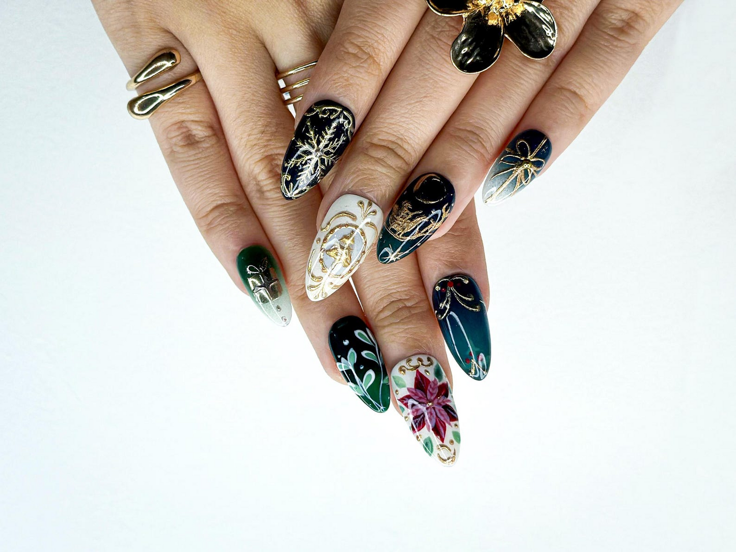 Midnight Christmas Press On Nails | Black & Gold Christmas Nail | Hand-Painted Design | Holiday Nail Set | Luxury Winter Press Ons | JB215HC