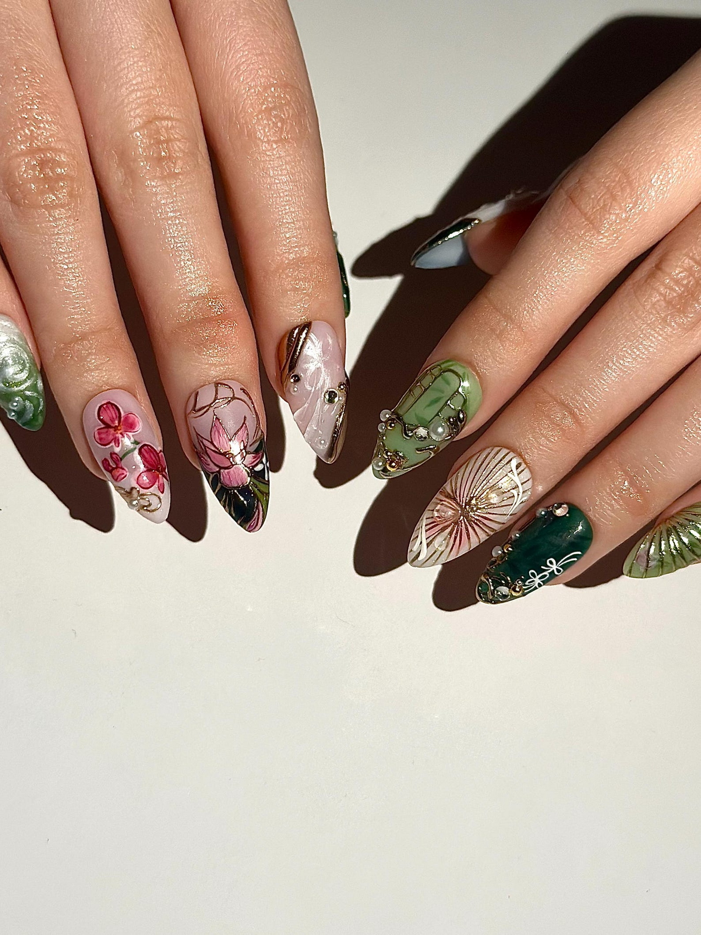Asian Inspired Luxury Press On Nails | Jade Green Gold Floral Nails | Handpainted Pagoda Nail Art | Elegant Statement Press Ons | JB309HC