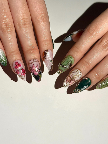 Asian Inspired Luxury Press On Nails | Jade Green Gold Floral Nails | Handpainted Pagoda Nail Art | Elegant Statement Press Ons | JB309HC