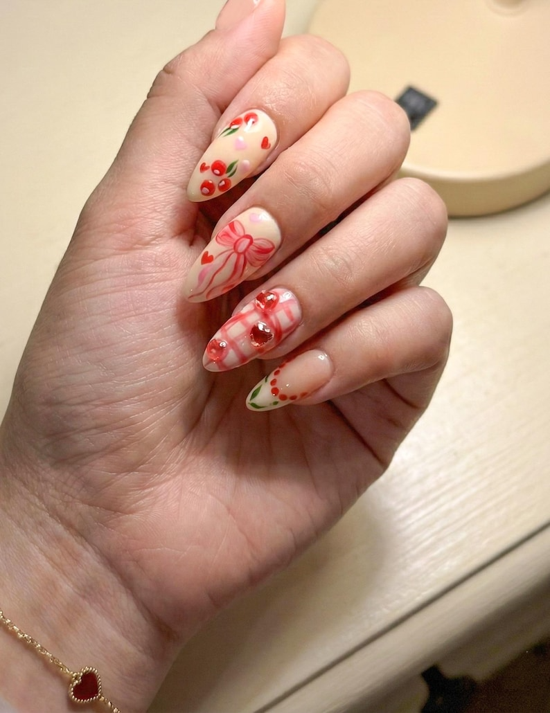 Press On Nails Adhesive Tabs – Cherry Heart & Pink Ribbon Nude Press On Nails, Handmade Valentine Fake Nails Sweet Romantic Nail Art
