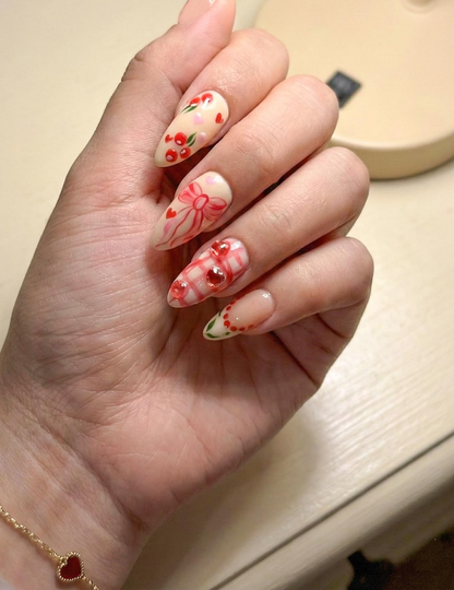 Press On Nails Adhesive Tabs – Cherry Heart & Pink Ribbon Nude Press On Nails, Handmade Valentine Fake Nails Sweet Romantic Nail Art