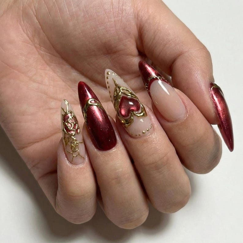 Press On Nails Adhesive Tabs – Nude Burgundy Gold Heart & Rose Chrome Long Stiletto Handmade Fake Nails for Luxury Romantic Look