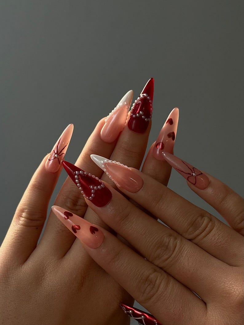 Red Burgundy Valentine Press Ons