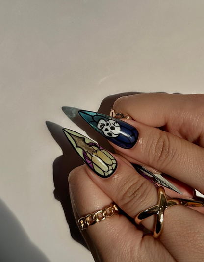Stained Glass Halloween Press On Nails | Ghost Pumpkin Bat Nail Art | Colorful Spooky Nail Design | Handpainted Halloween Nails | JB111H