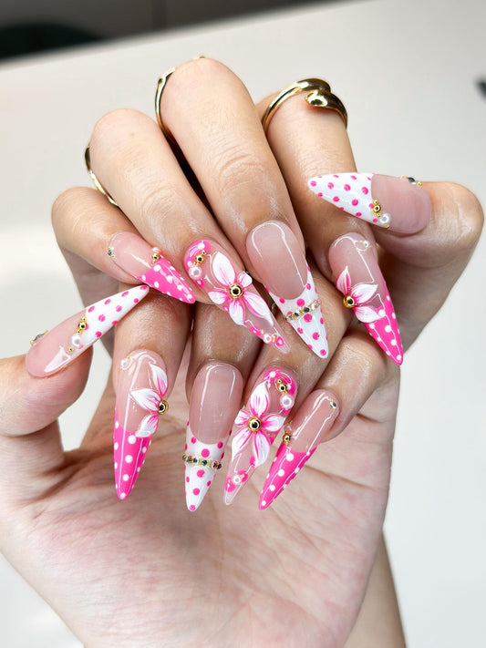 3D Pink Floral & Polka Dot Nails | Luxury Coquette Press Ons | Handmade Barbiecore French Stiletto Art | OB1340IC
