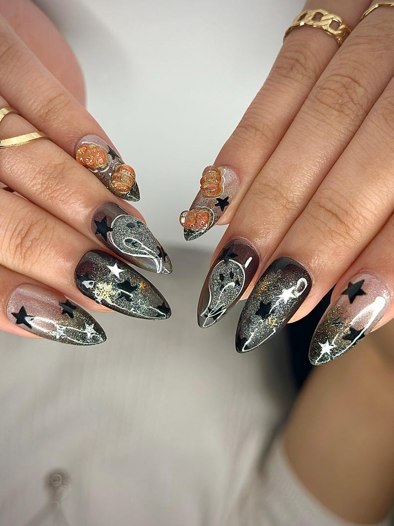 Pumpkin Gothic Press On Nails | Halloween Black & Orange Nails | Handmade Spooky Nail Design | Unique Gothic Pumpkin Nails | JB151HC