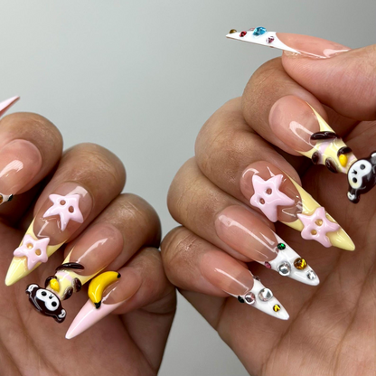 3D Monkey Banana Press On Nails | Cute Pink Star & Fruit Fake Nails | Kawaii Handmade Nail Art | Playful Cute Nails | Cartoon Nails |HB255YC