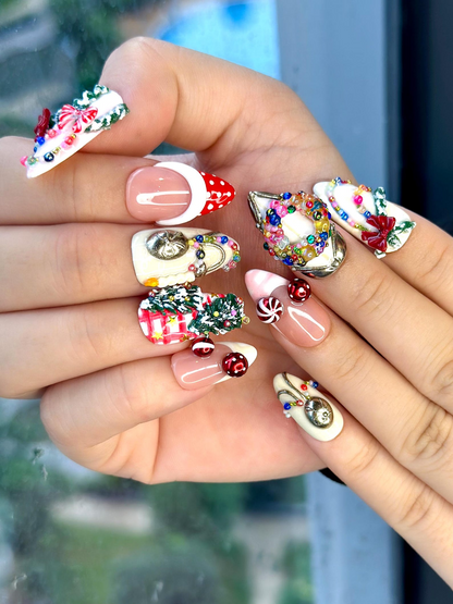 Merry Knit Christmas Press On Nails | 3D Bow Christmas Nail Art | Green Red Holiday Press Ons | Festive Handmade Set | JB220EC